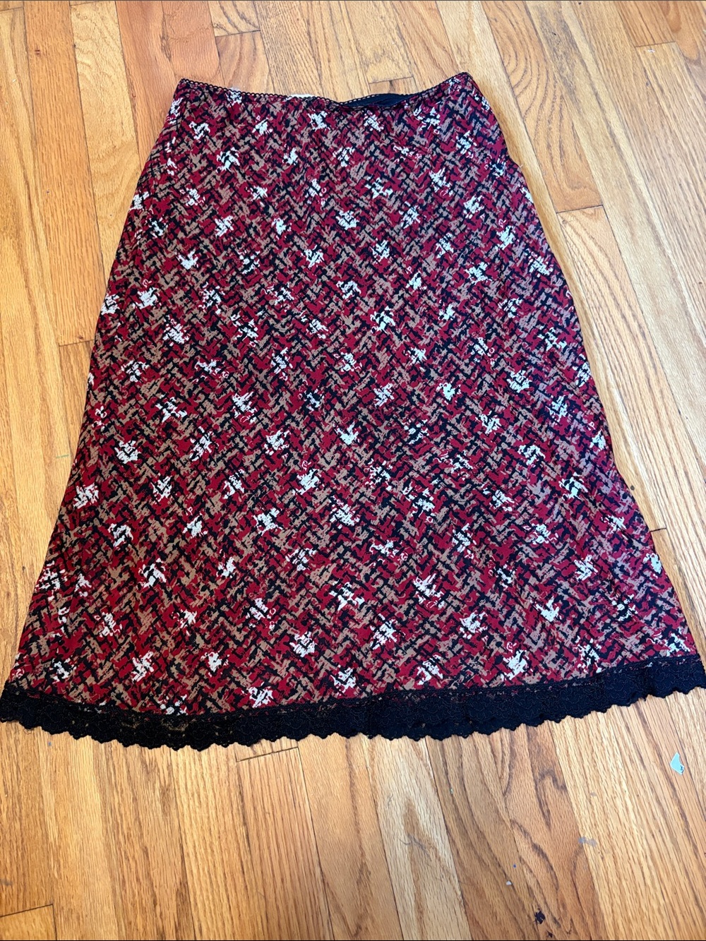 La Belle Red Patterned A-Line midi Skirt with Black Lace Hem